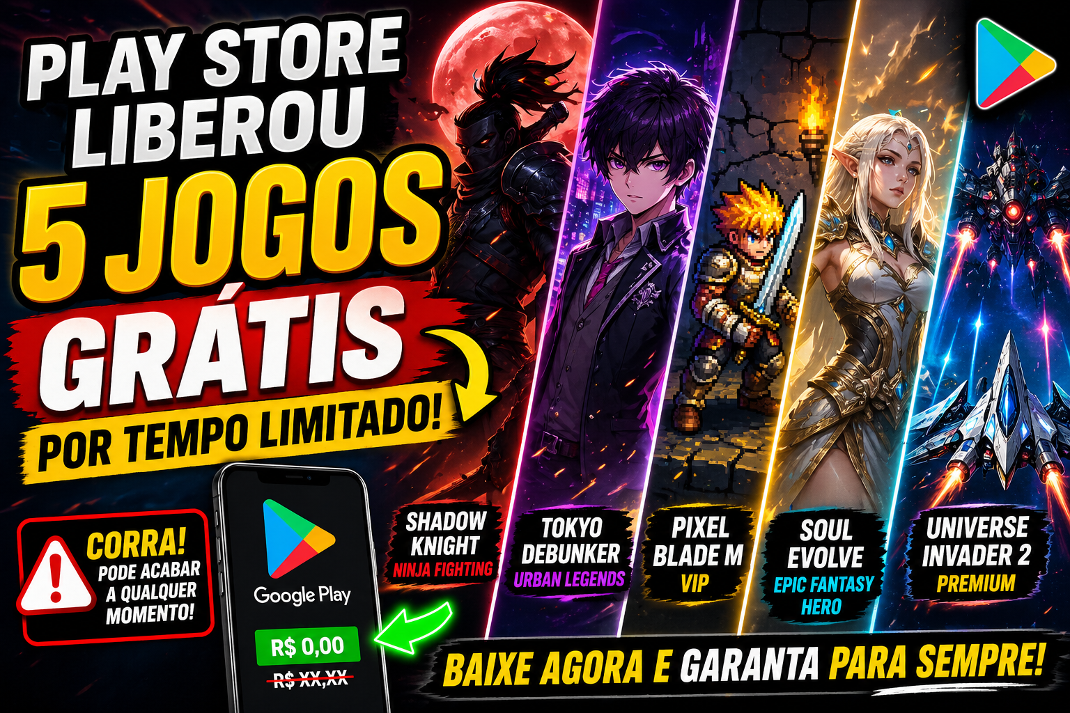 Play Store libera 5 jogos grátis por tempo limitado no Android