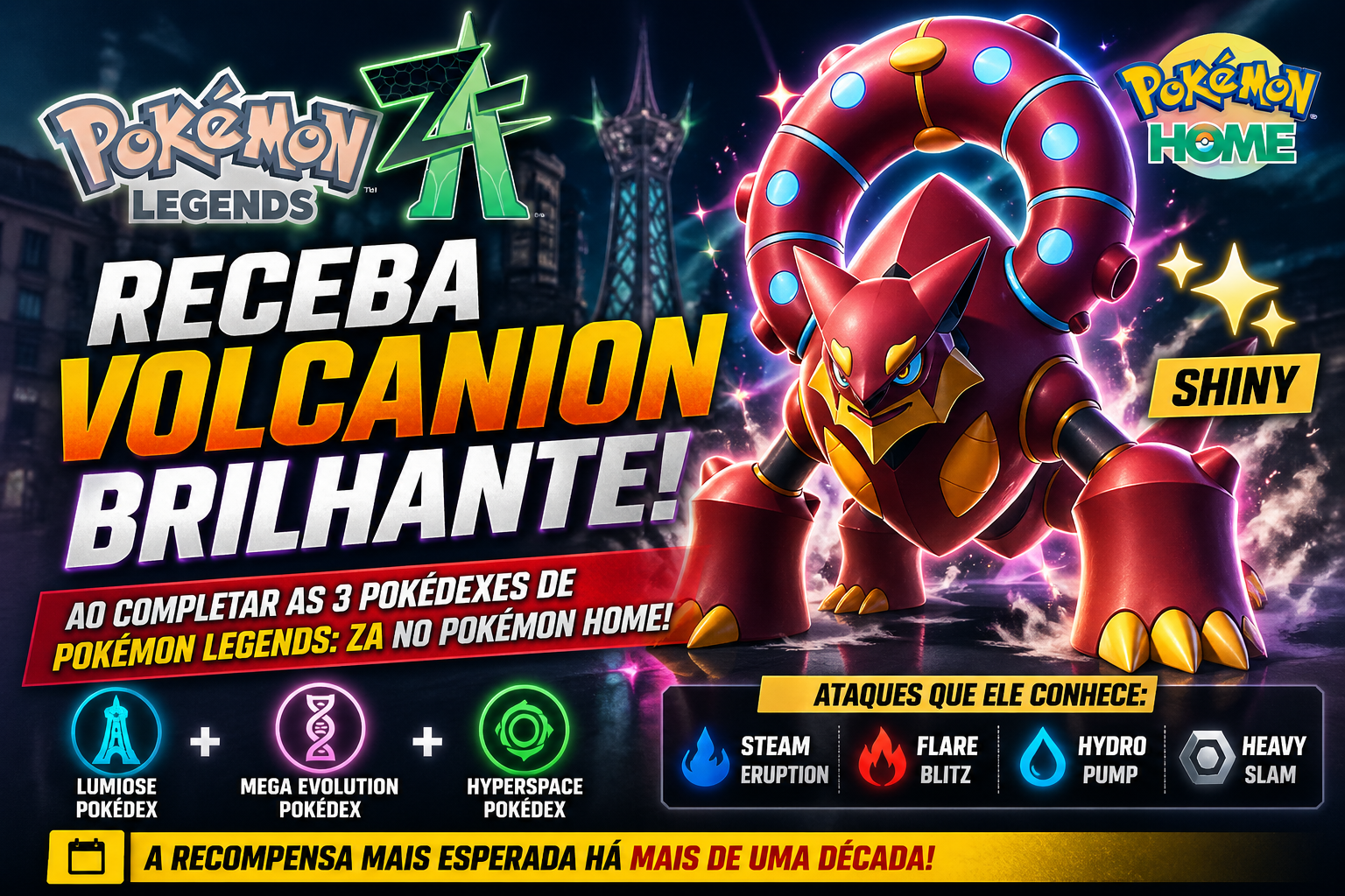 Pokémon Legends ZA libera Volcanion Shiny no Pokémon HOME